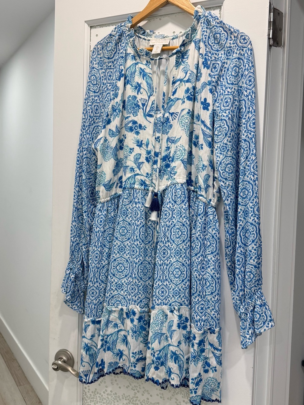 Revolve House of Harlow 1960 Blue and White Mixed-Print Long Sleeve Tiered Dress
